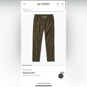 Men’s Vuori Ripstop Pants in Olive Size Medium